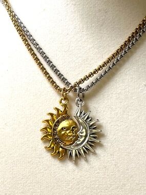 Celestial Sun & Moon Long Necklace Set – Gold & Silver Tone